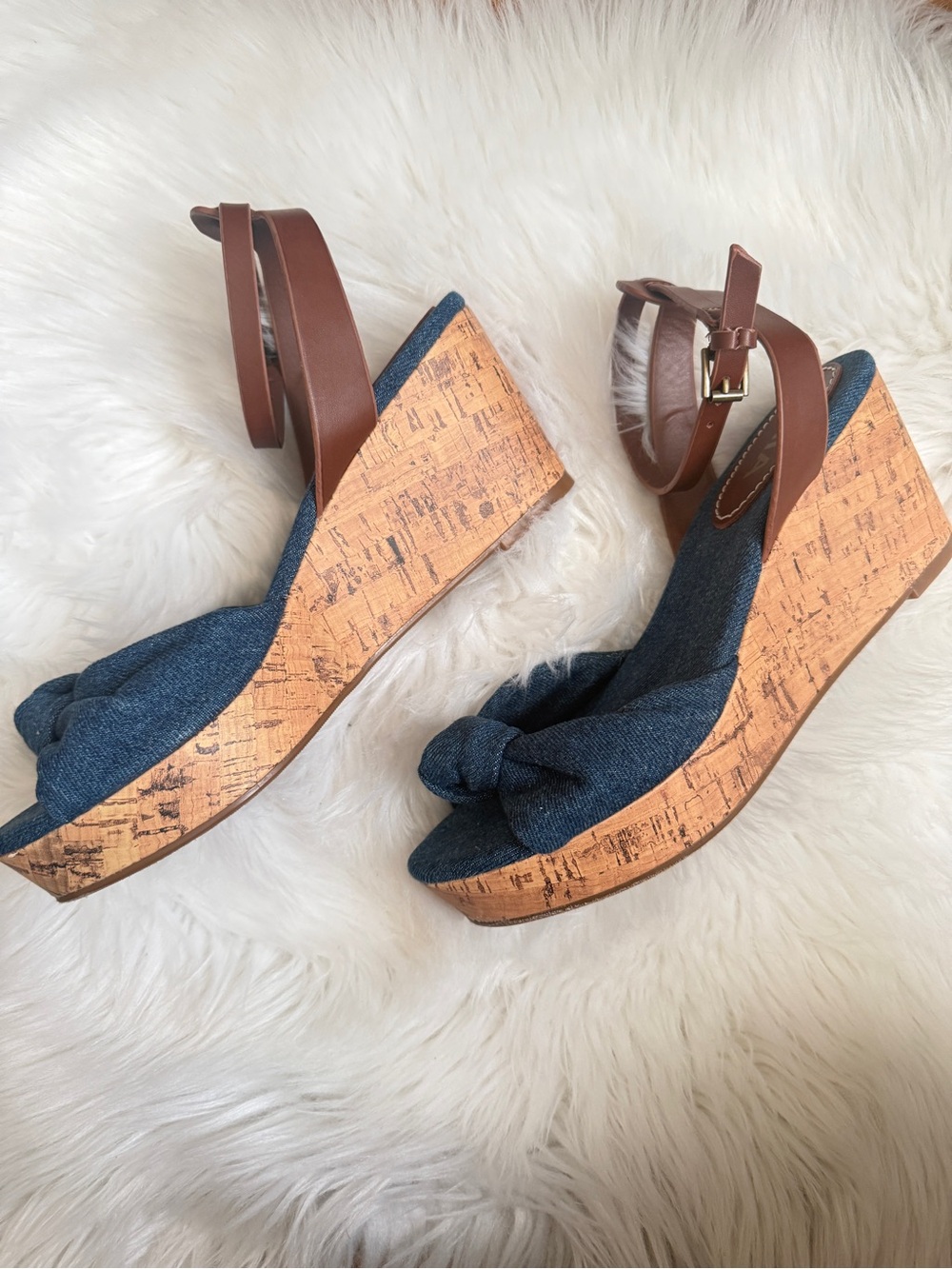 MIA Denim Knot Front Ankle-Strap Sandals in Brown and Blue - Picture 2 of 4